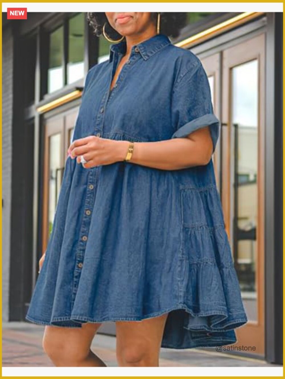 Button Down Ruffle Tiered Babydoll Jean Dress Swing Short Sleeve Cotton - Picture 3 of 7